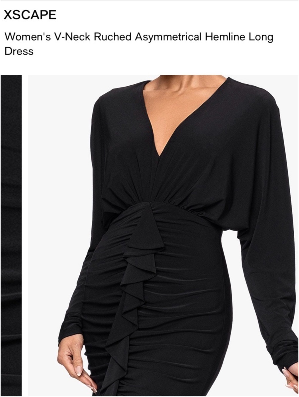 XSCAPE Modest Black V-Neck Ruched Asymmetrical Hemline Long Gown Dolman Sleeve 8 - Picture 6 of 7
